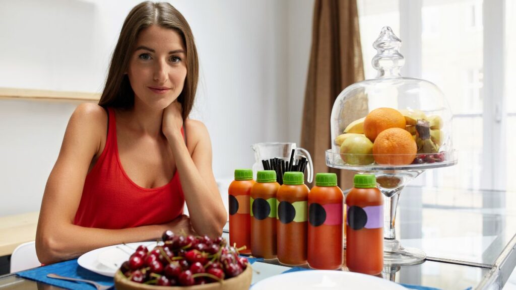 Cleansing Products woman sitting with detox shakes