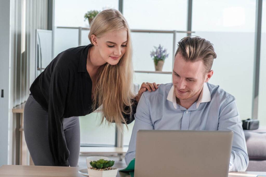 Young business man and woman working from home-office with morni