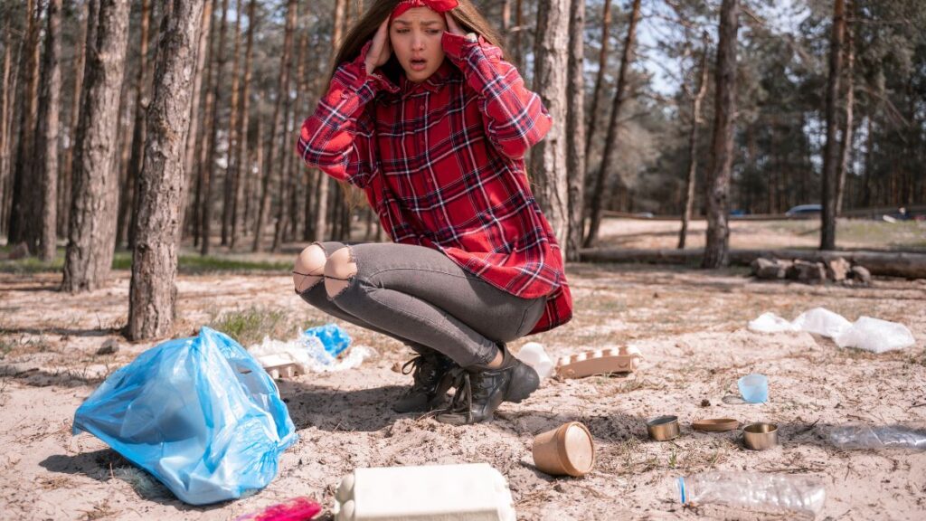 Litterbug: woman in the forest looking upset about the litter on the ground in the forest.