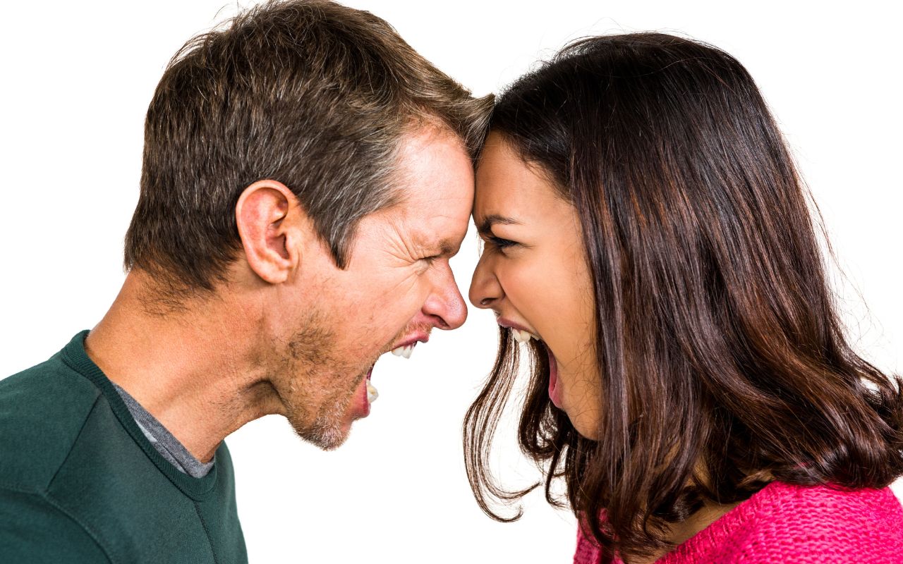 man and woman screaming forehead to forehead