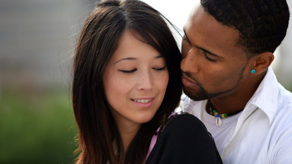 Relationship growth man and woman standing together affectionately