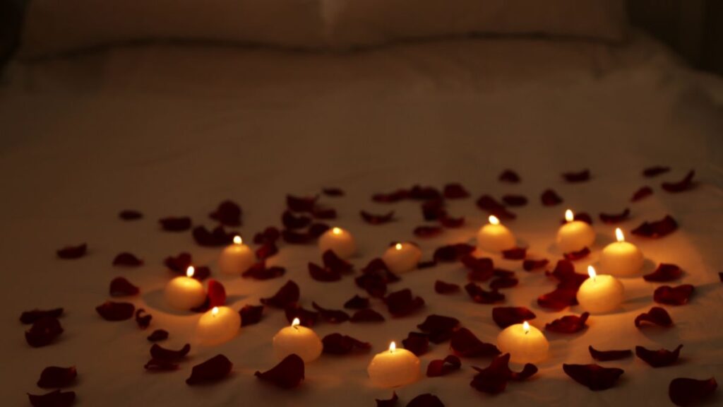 rose petals on the bed