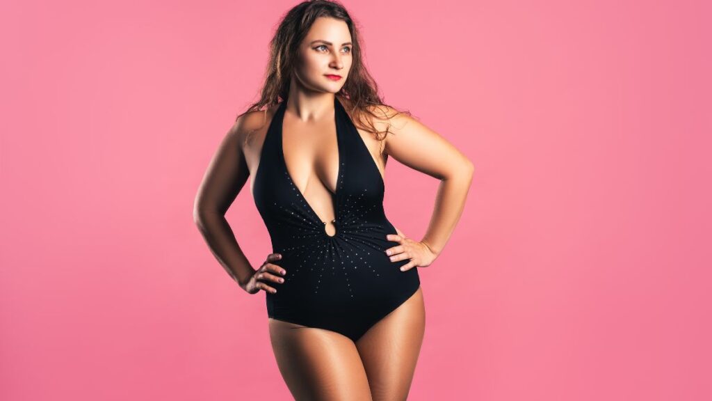 Thick Thighs beautiful woman in black bathing suit