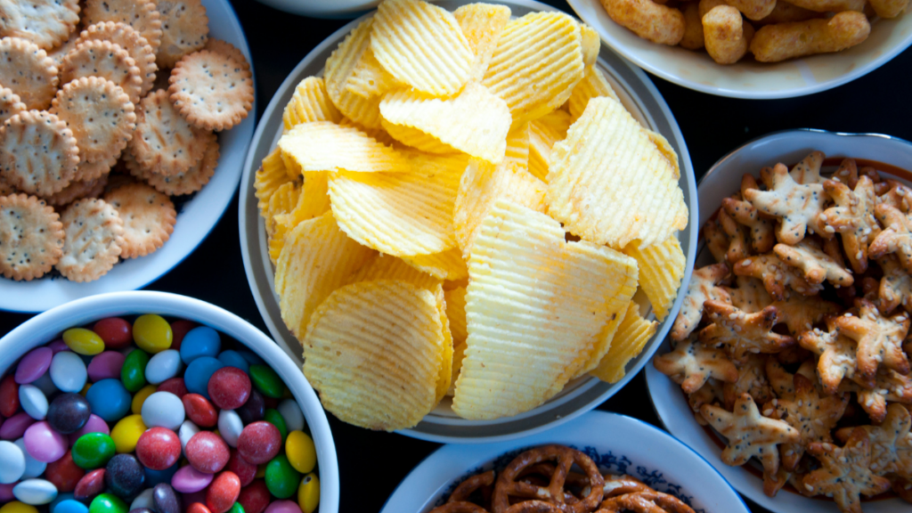 bowls of different snacks