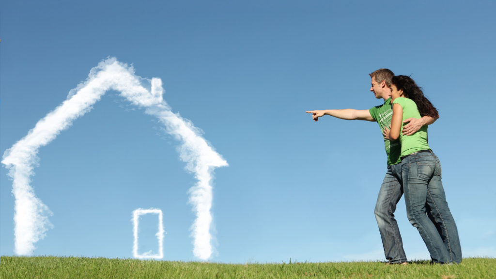 Man and Woman excited pointing at cloud house