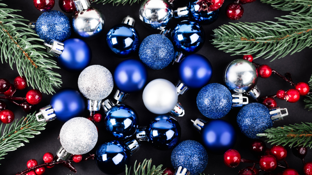 blue, silver, and glitter holiday ornaments Image