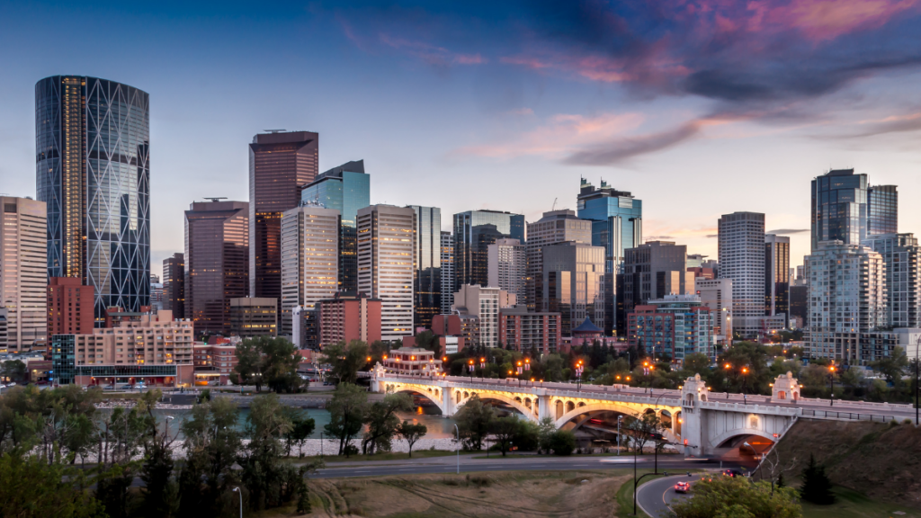 Calgary Skyline with buildings at dusk