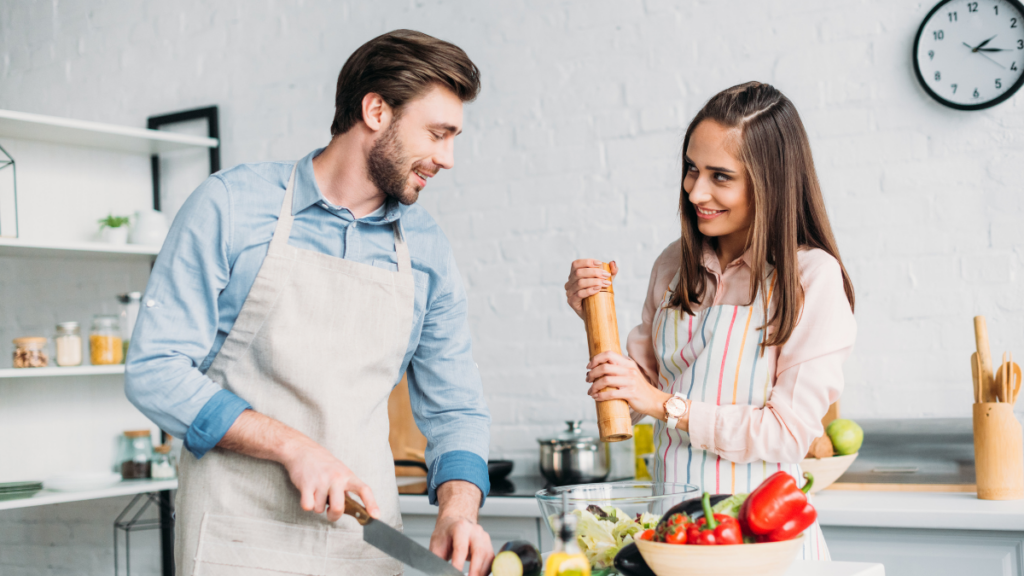 Couple Man Woman Cooking Kitchen