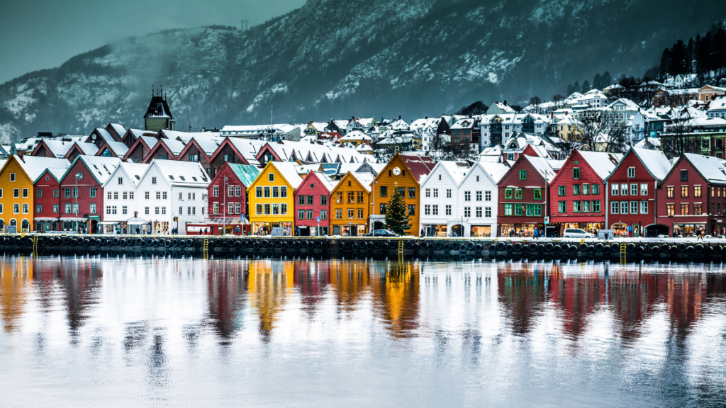 row of houses in a village in Norway in winter