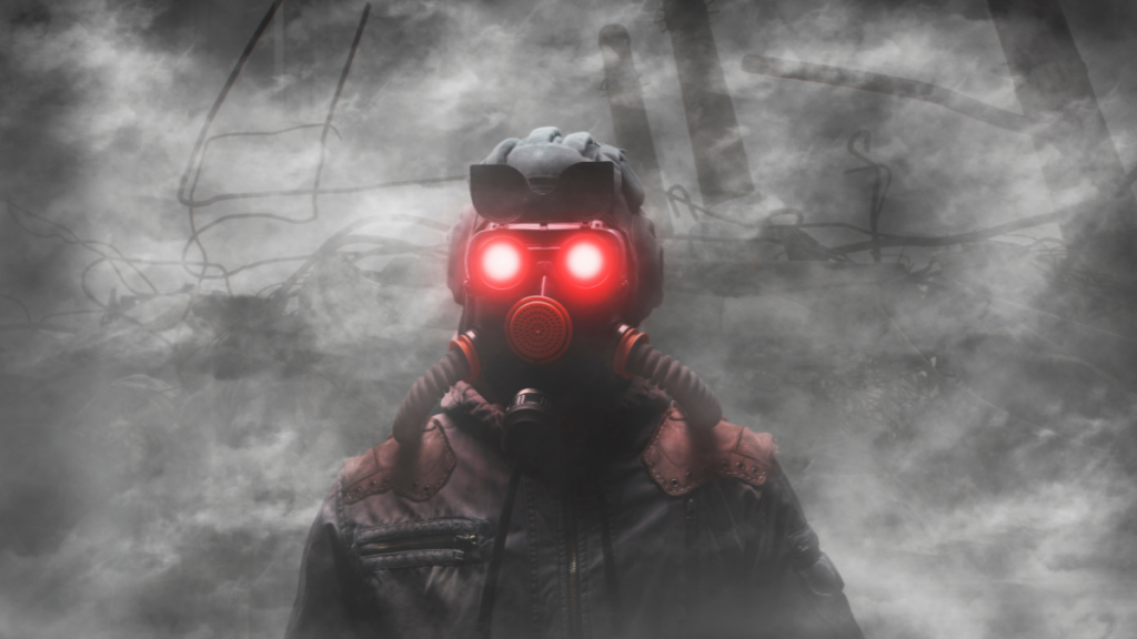 person with red eyes in gas mask