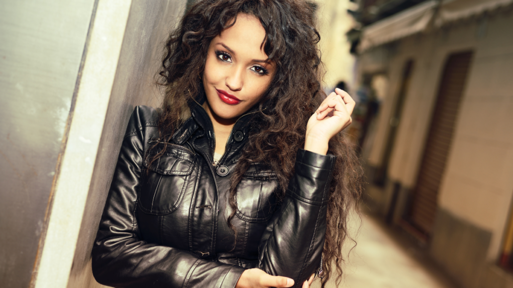 woman in leather jacket